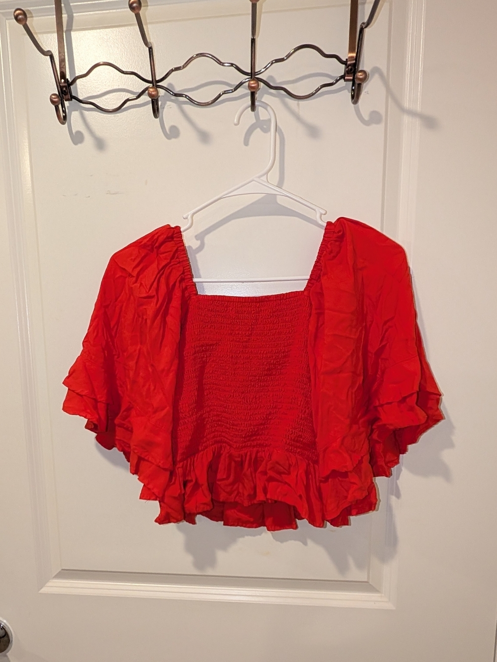 Red Women's Flutter Sleeve Crop Top Coachella Stagecoach Short Sleeve - Picture 2 of 3